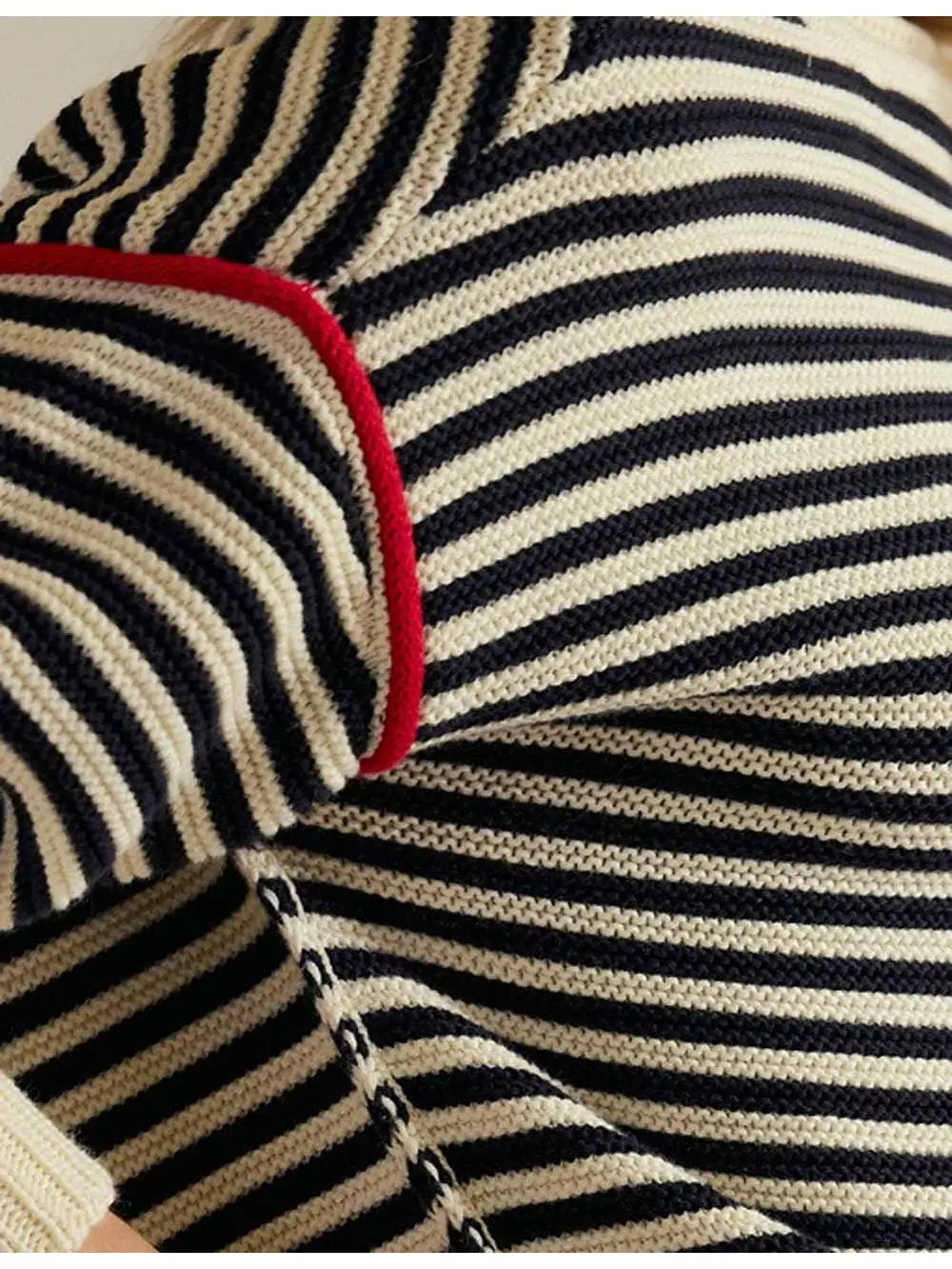 Striped Round Neck Dropped Shoulder Apricot Knit Sweater