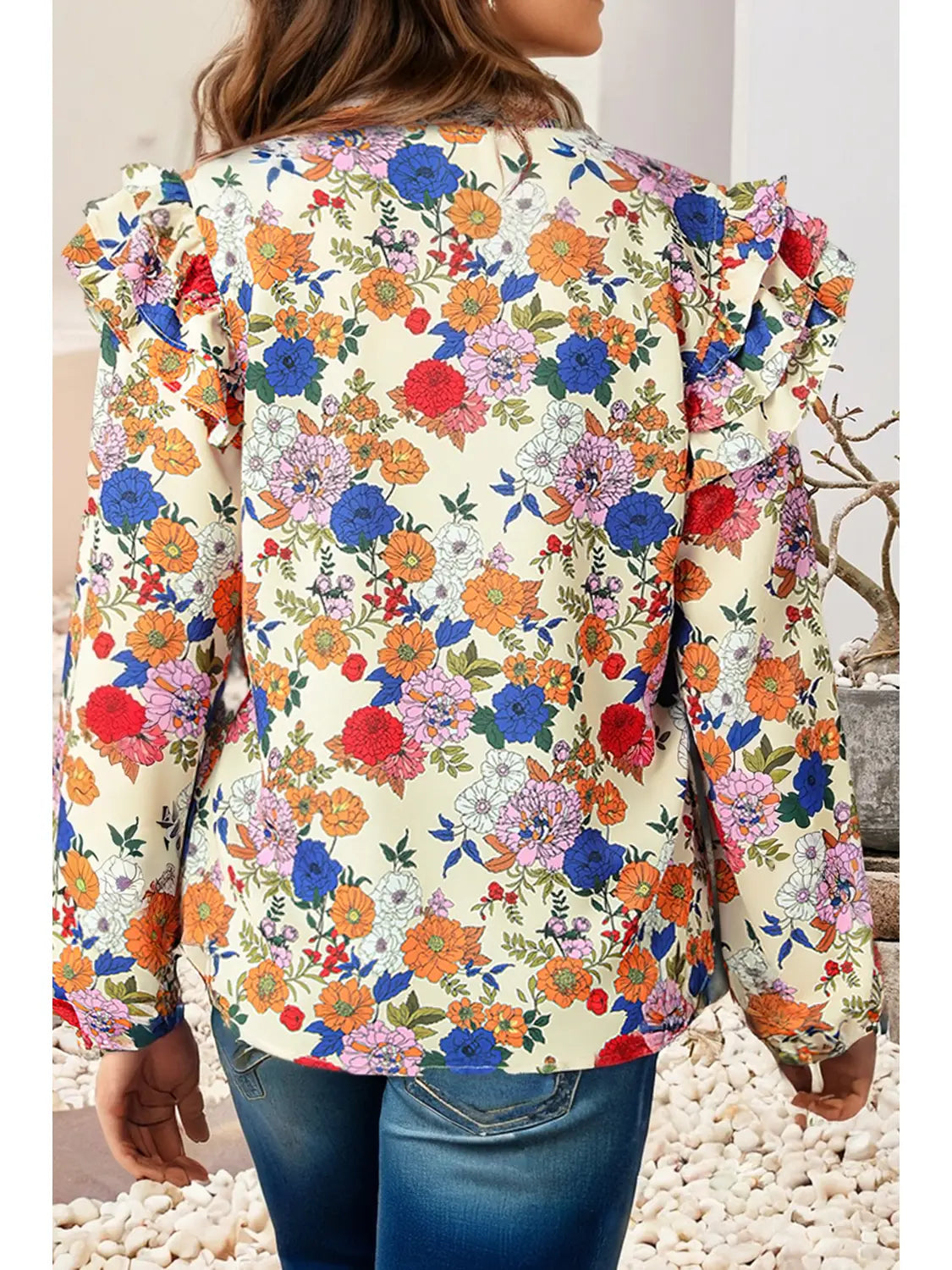 Ruffled Shoulder Long Sleeve Floral Blouse