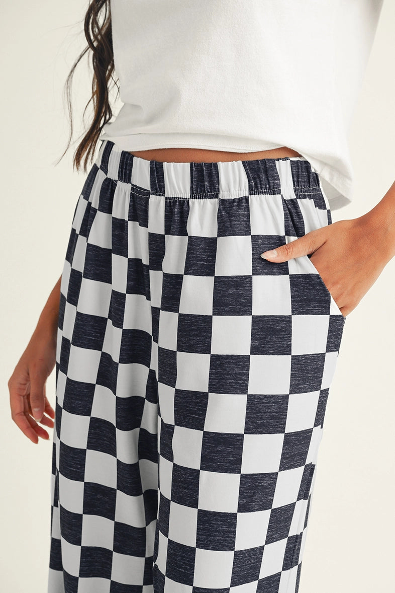 2-Tone Checked Print High Waist Wide Leg Pants