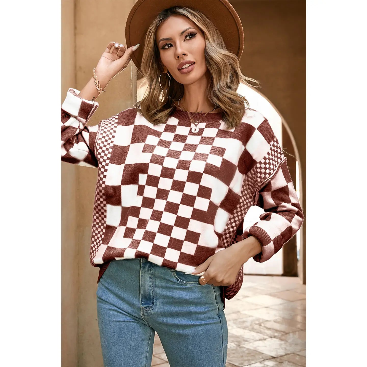 Brown Checkered Print Drop Shoulder Round Neck Sweater