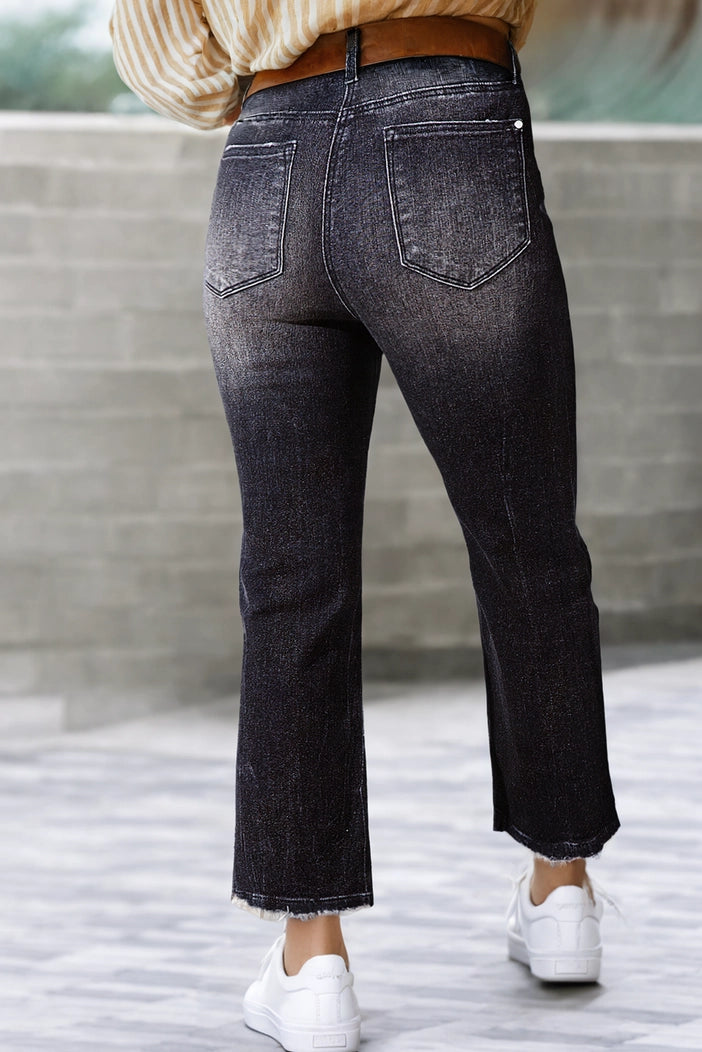 Carbon Grey Mineral Wash Raw Hem High Waist Flare Jeans