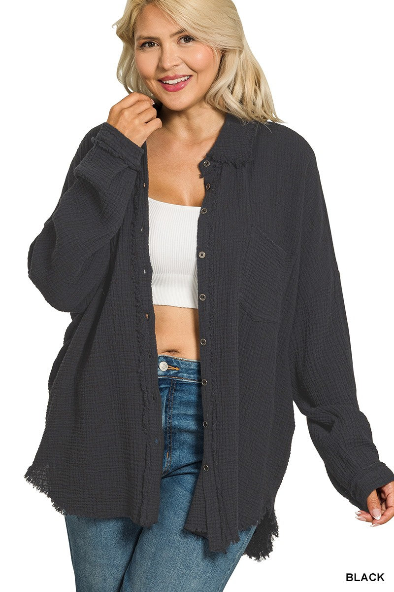 Double Gauze Oversized Raw Edge Black Shirt