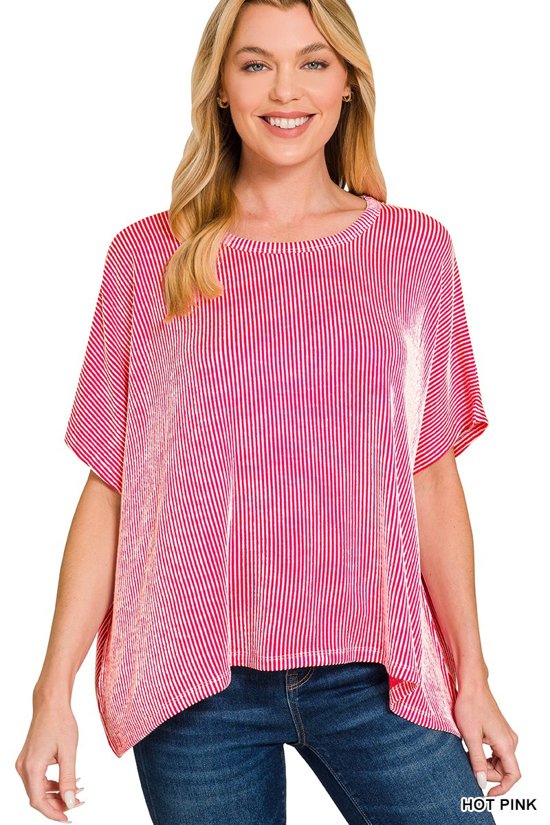 Ribbed Striped Oversized Short Sleeve Top PINK