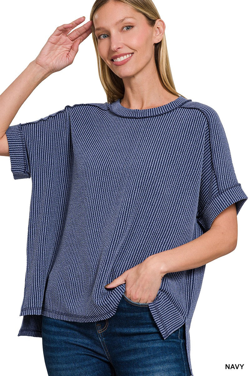 Raised Rib Cuff Sleeve Raw Edge Top