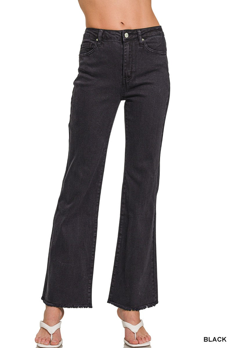 Acid Washed Frayed Black Straight Wide Pants