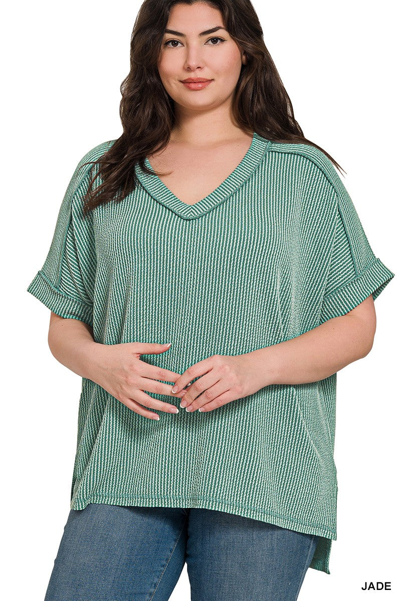 Corded Rib Short Sleeve Hi Low Plus Size Top