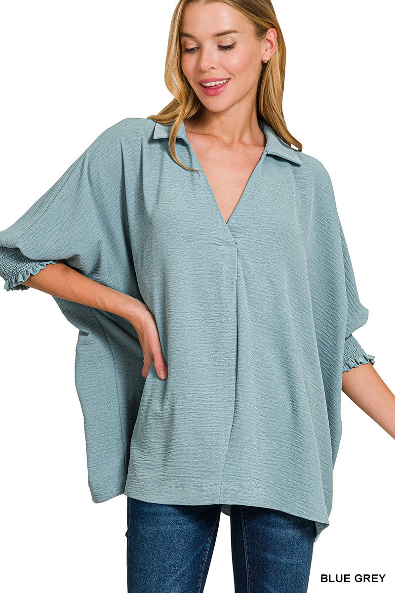 Airflow Collar Smocked Sleeve Band Blue Grey Top