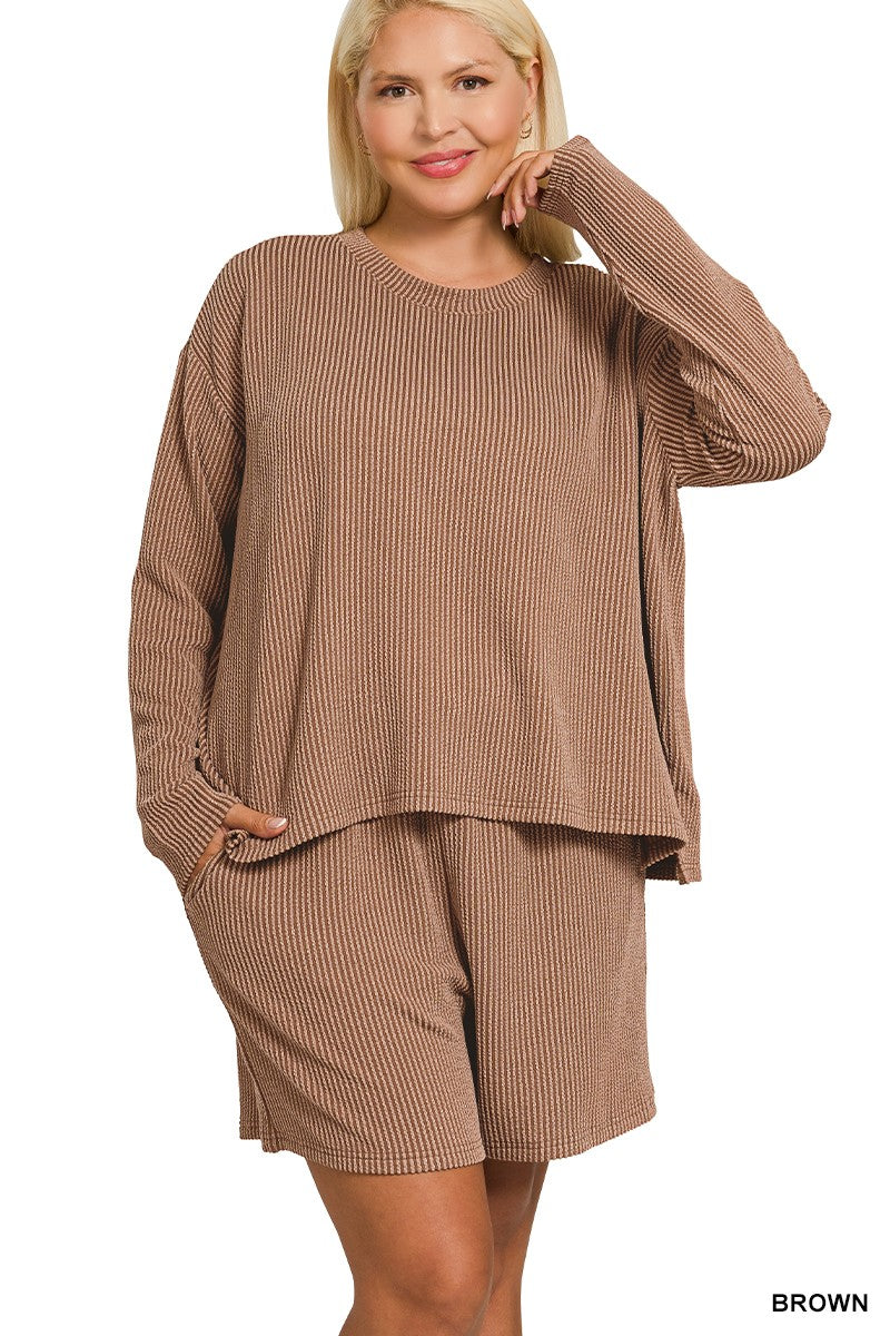 PLUS Raised Rib Long Sleeve Tee & Shorts Set