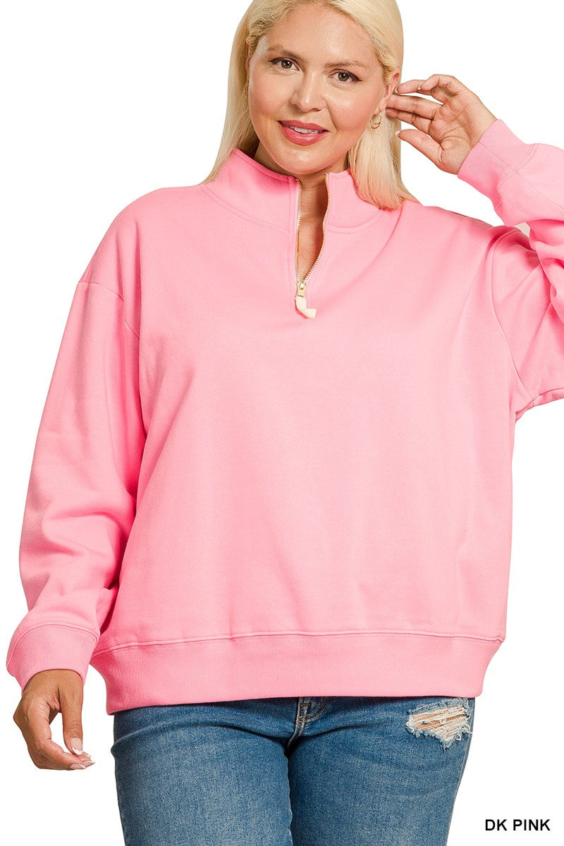 Plus Fleece Half Zip Sweatshirt - Pink