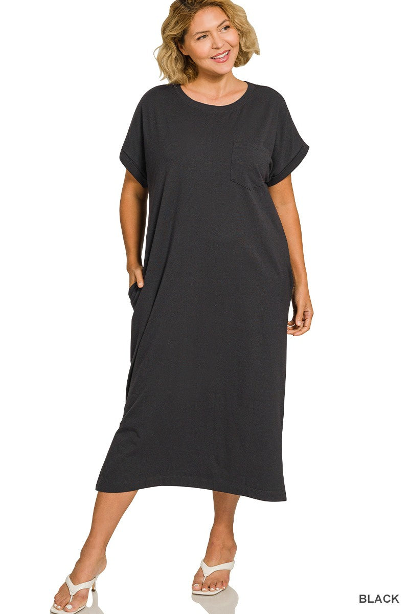 Round Neck Short Sleeve Black Midi Dress