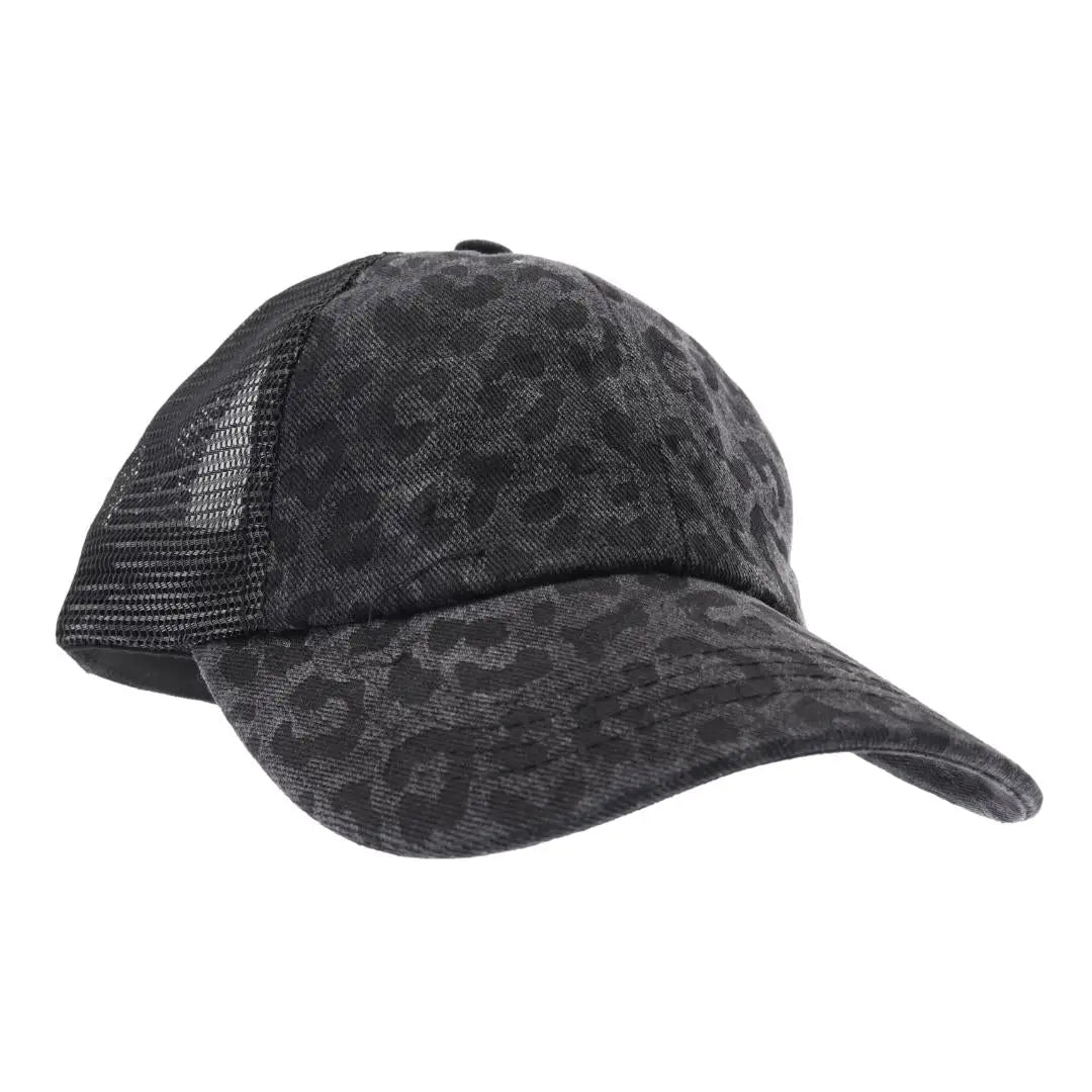 Leopard Denim Mesh Back Criss Cross High Pony CC Ball Cap