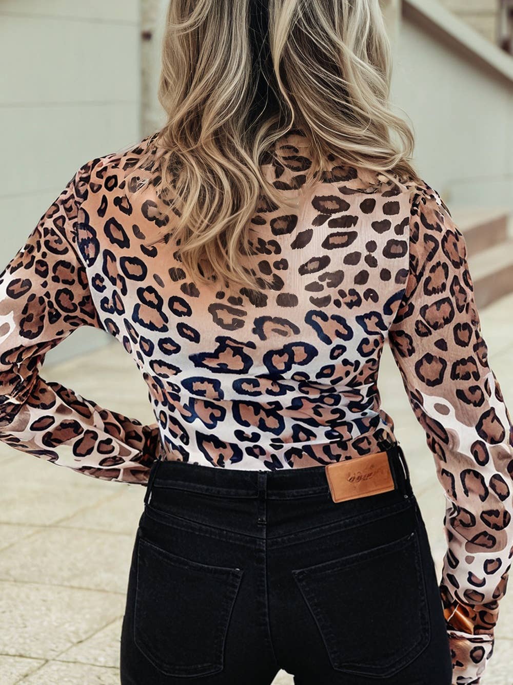 Leopard Mock Neck Mesh Long Sleeve Top