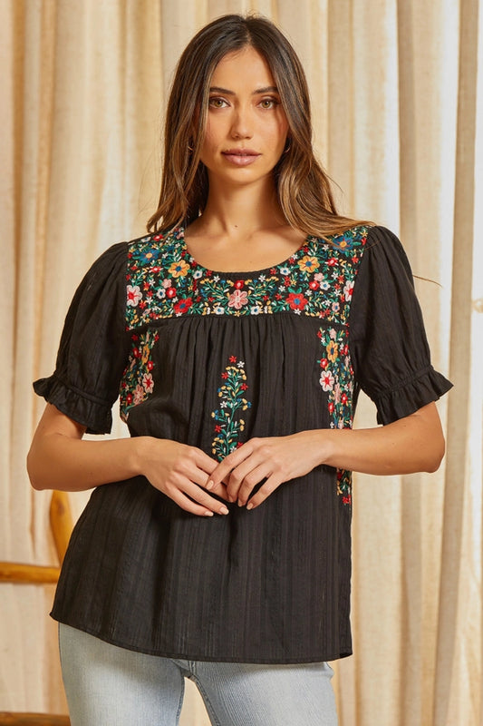 Black Floral Embroidery Top