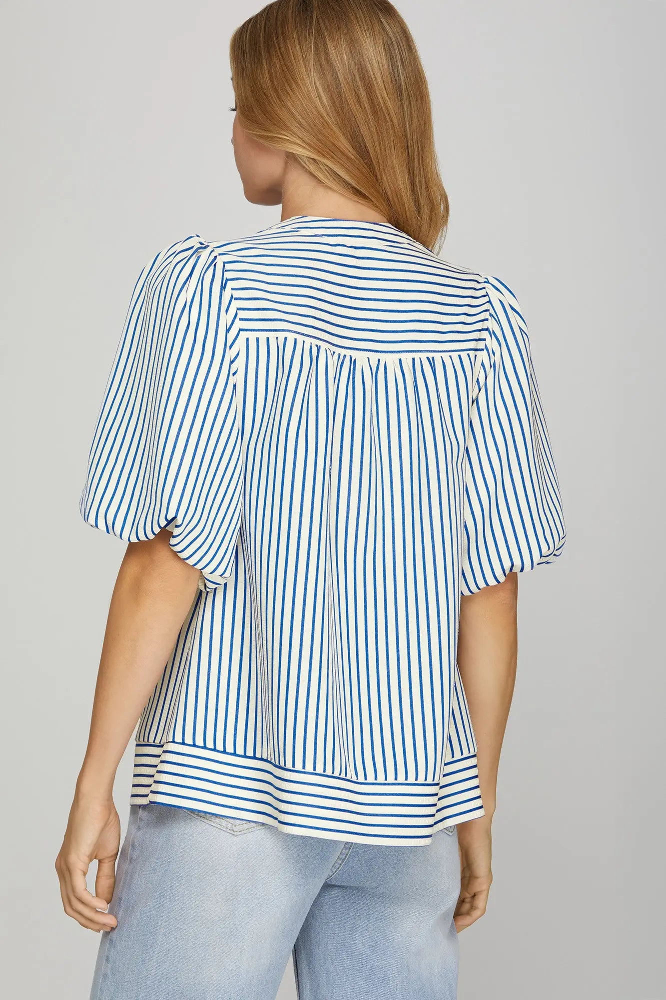 Bubble Sleeve Blue Striped Woven Top