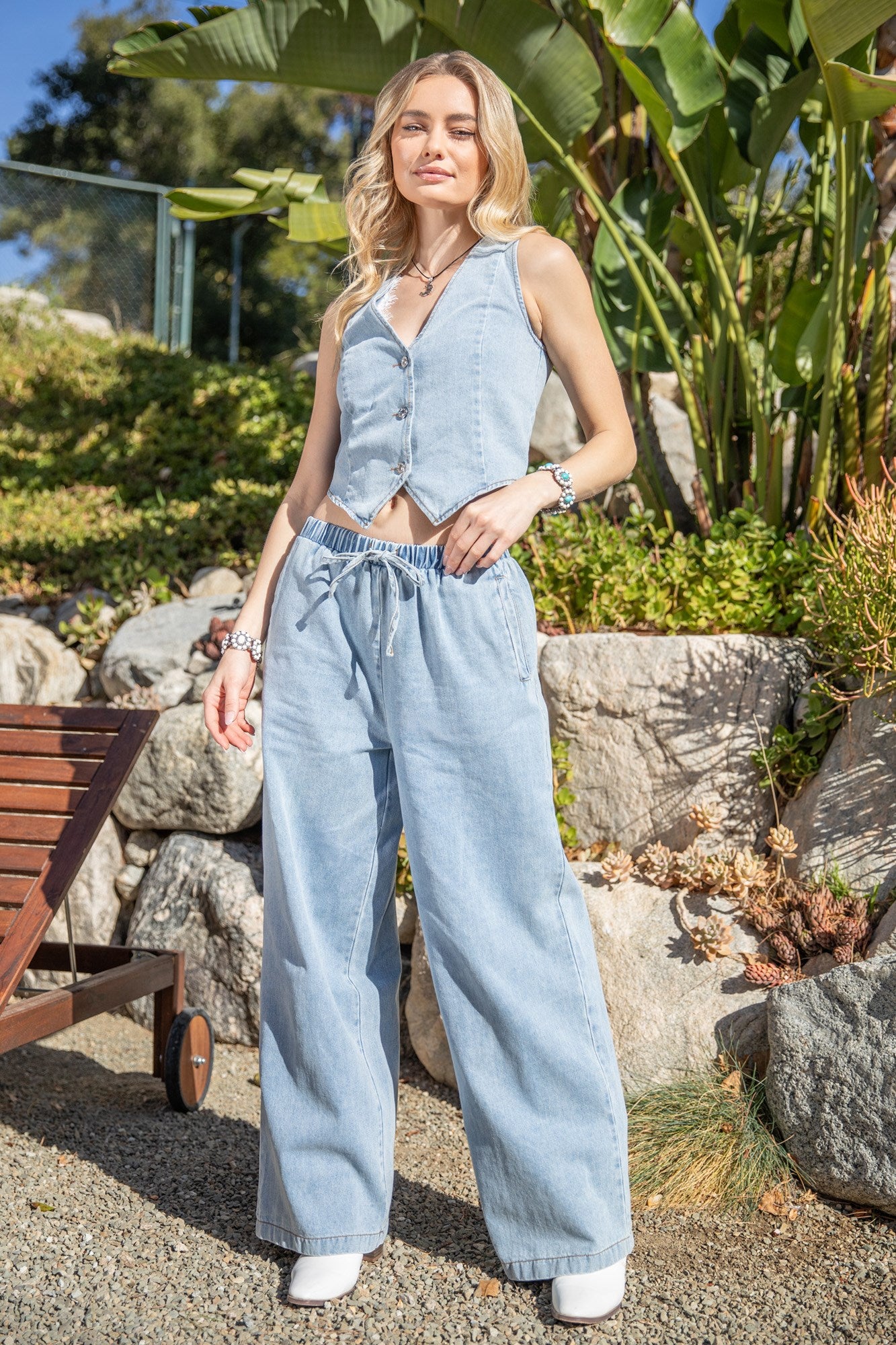 Washed Denim Pants - Elastic Waist & Side Pockets