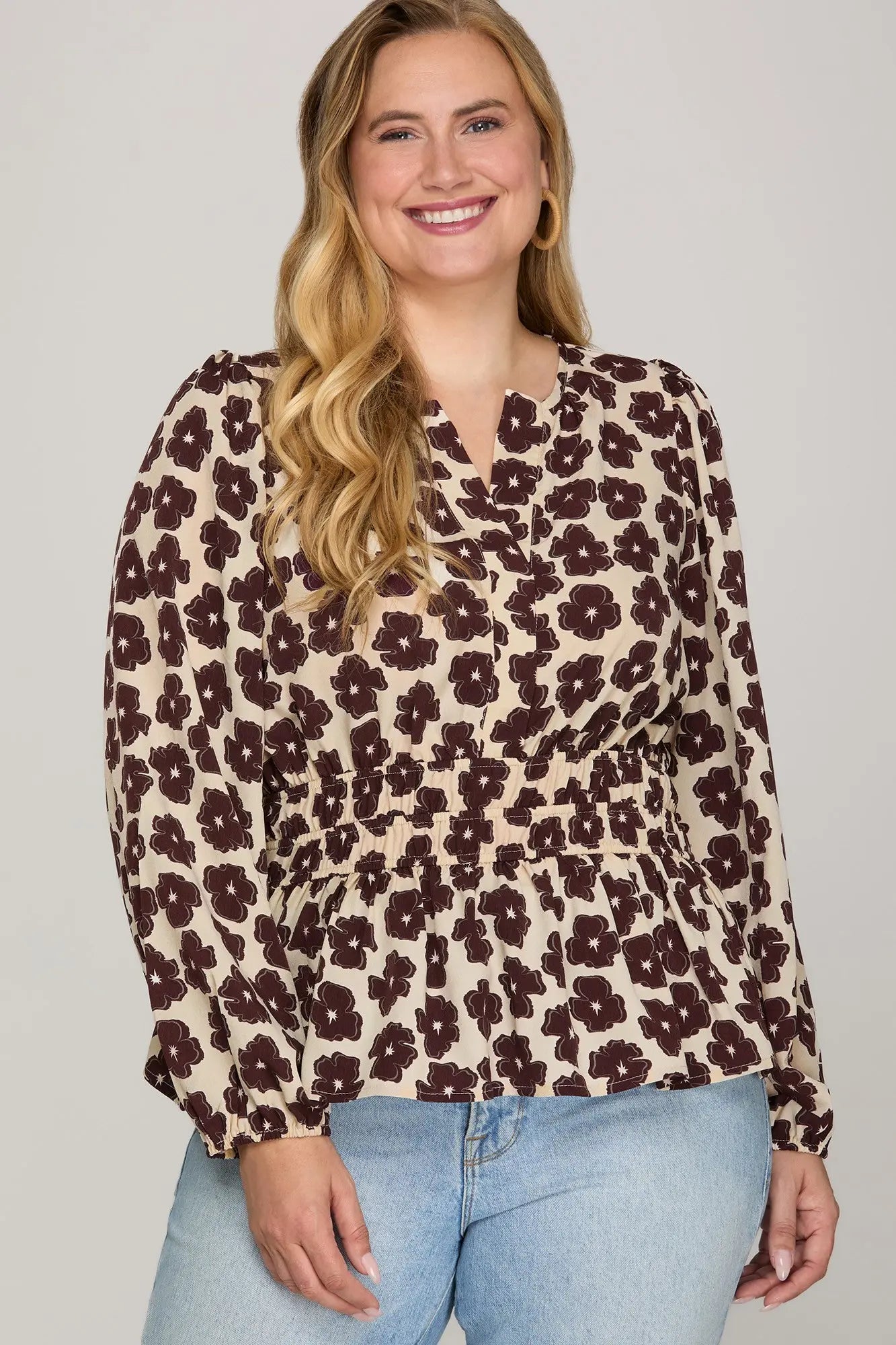 Long Sleeve Floral Woven Print Top Elastic Waist Cream/Plum