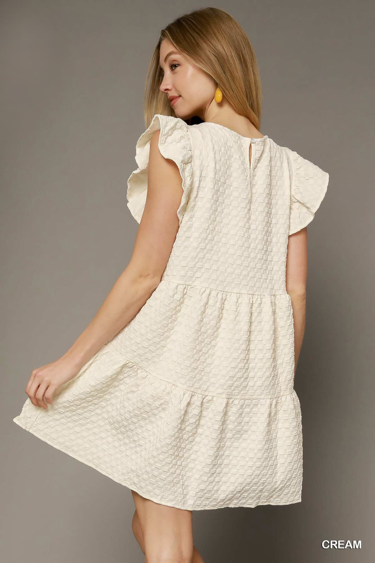 Texture Jacquard Round Neck Tiered A-Line Cream Dress