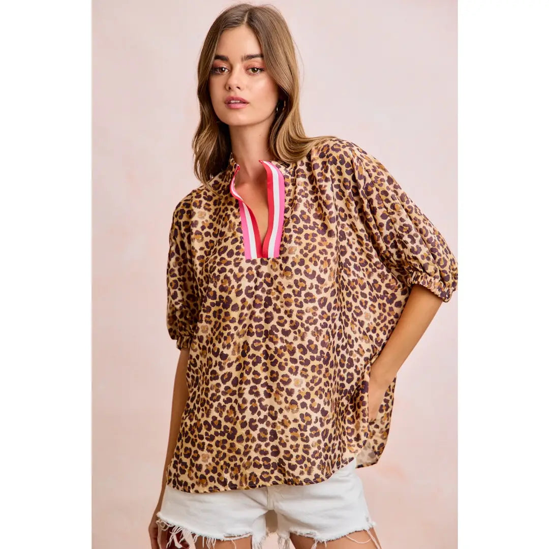 Leopard Print Contrast Banded Dolman Shirt