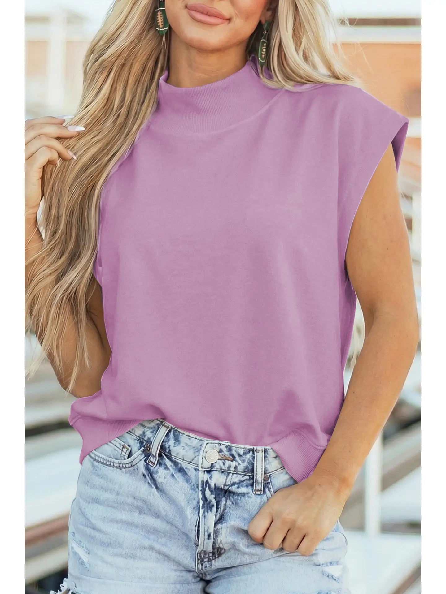 Pocket Soft Lilac Cap Sleeve Mock Neck Top