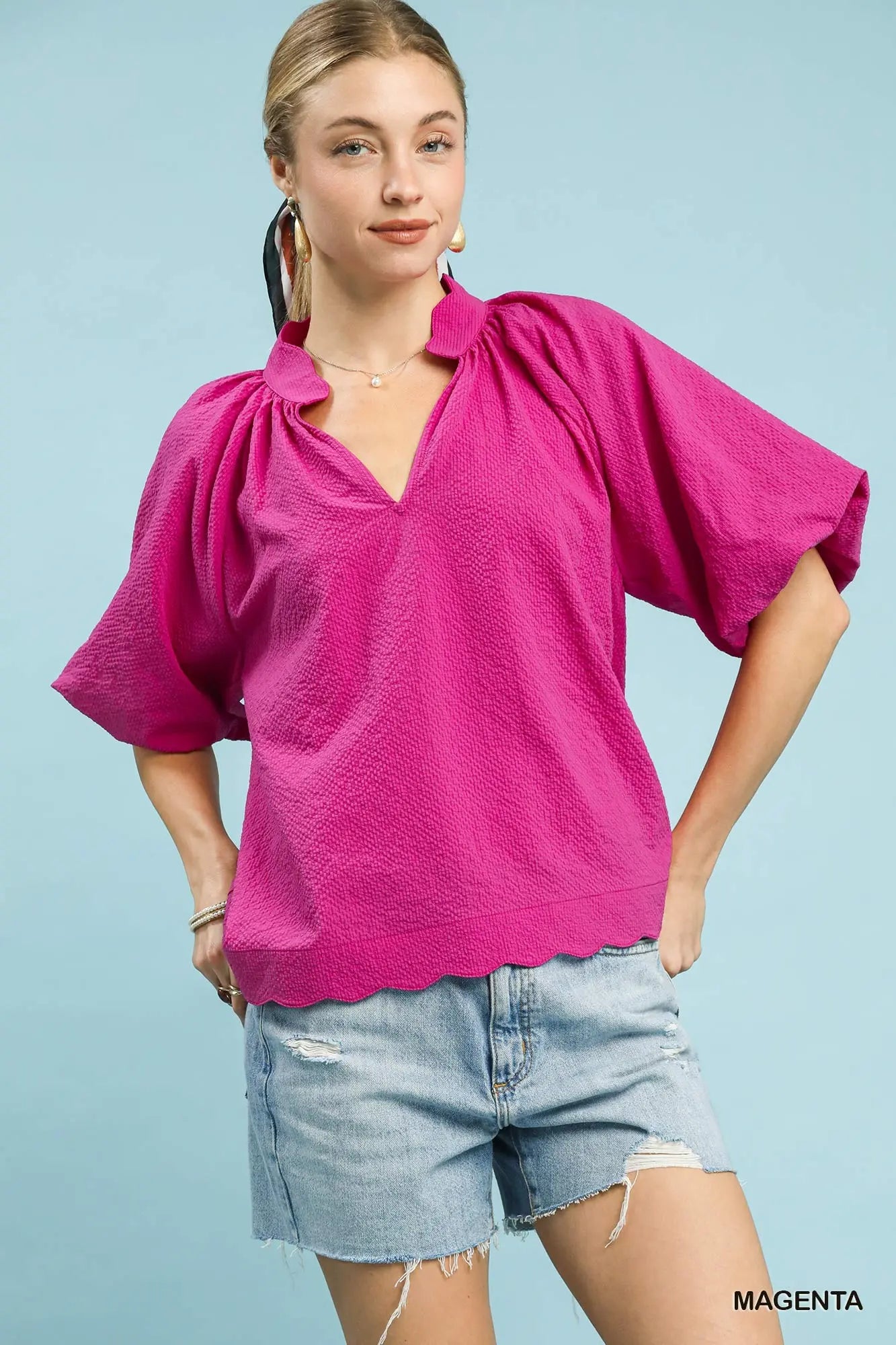 Seersucker Bubble Sleeve Top