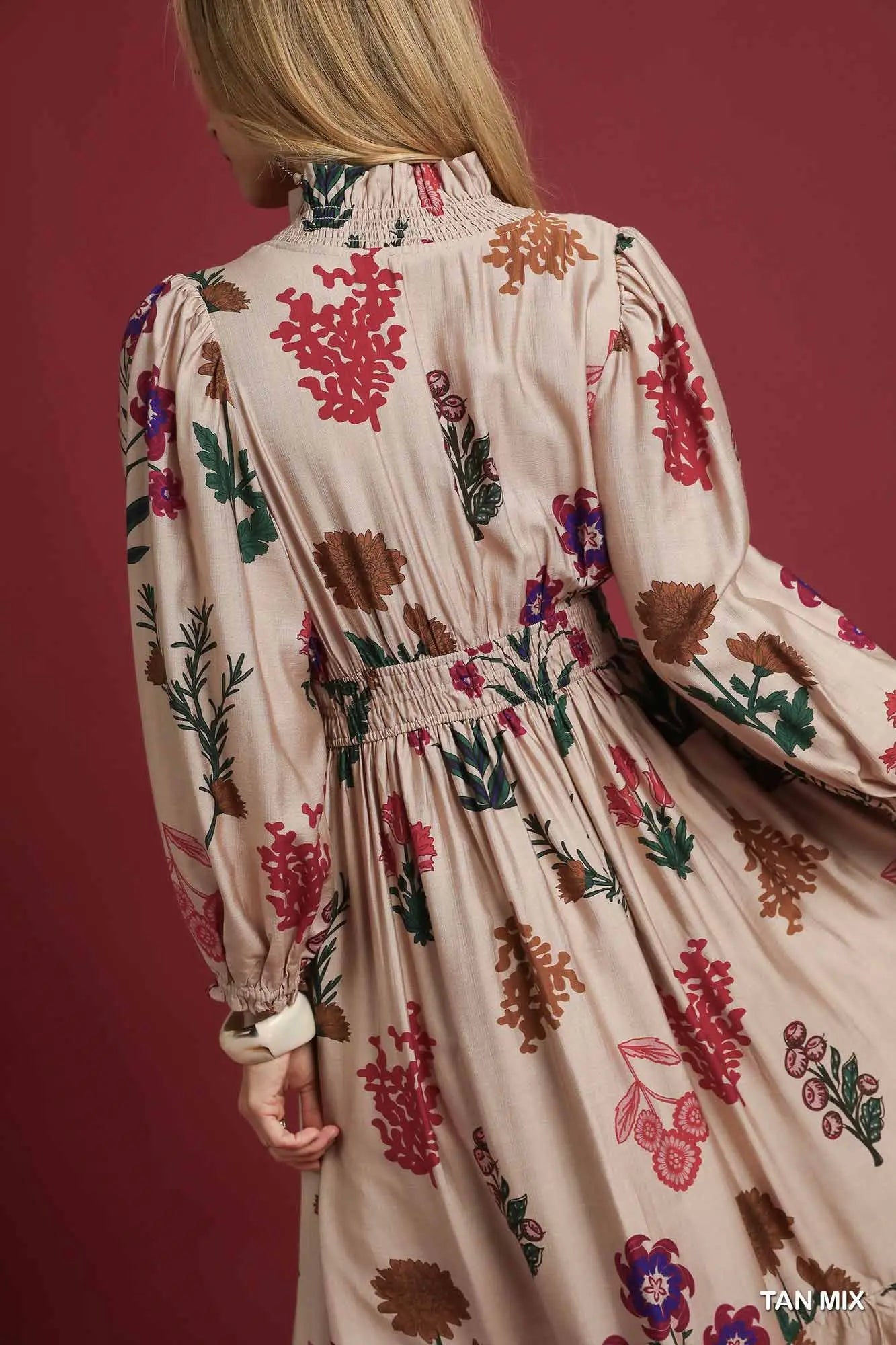 Mix Floral Print Tan Mix Midi Dress