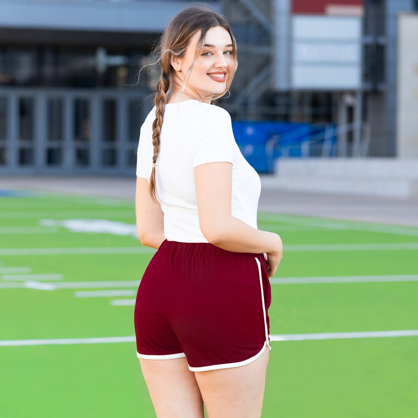 High-Waisted Varsity Game Day Shorts with Pockets - Burgundy