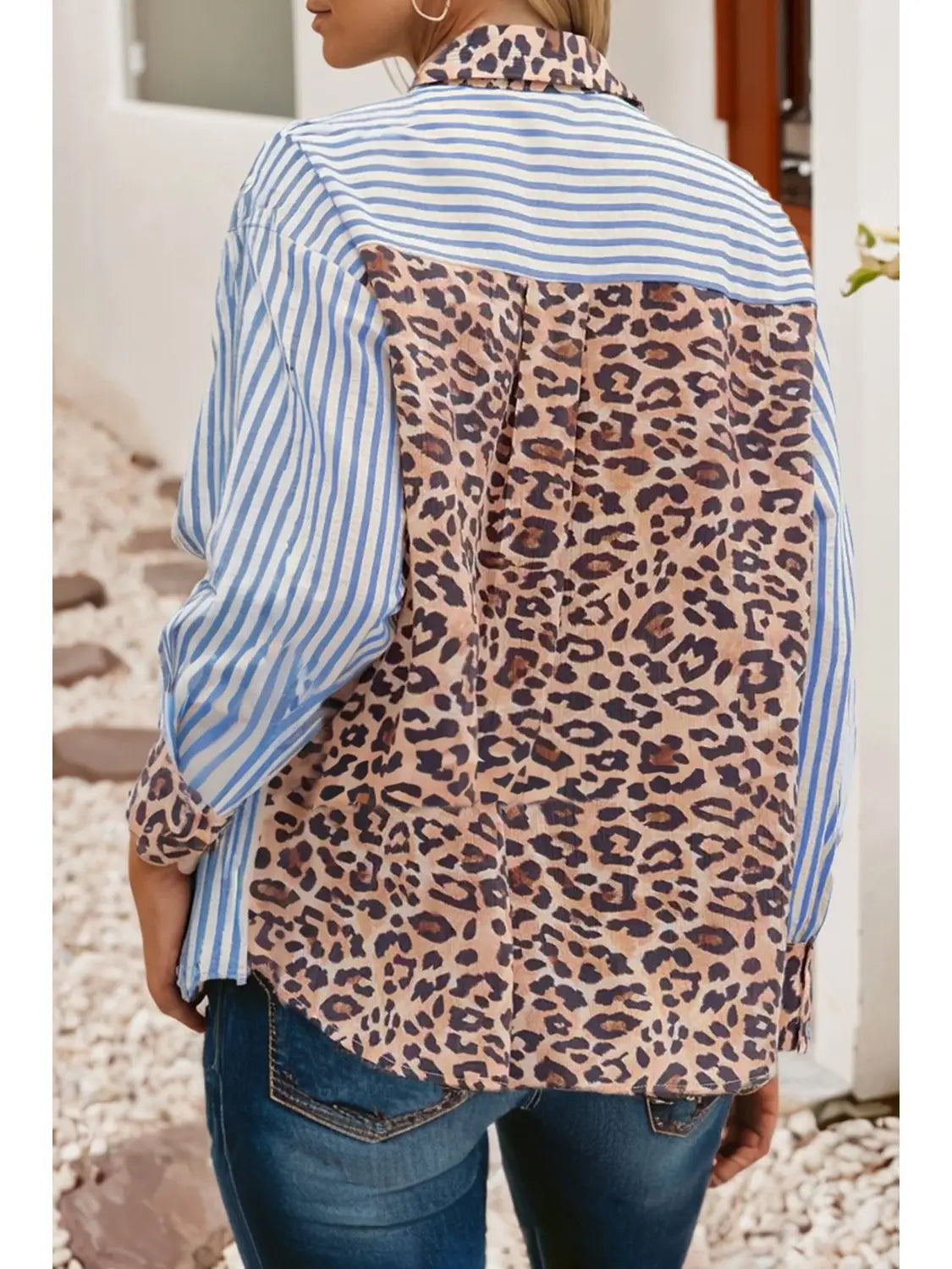 Wildy Chic Contrast Leopard & Stripe Blue Blouse