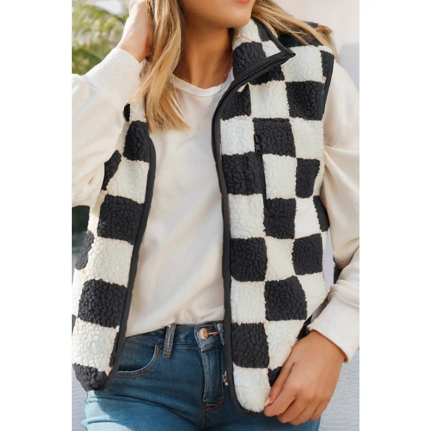 Black Checkered Snap Button Sherpa Vest
