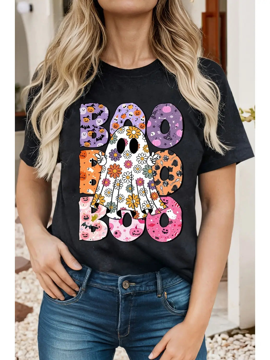 Floral Ghost Print Boo Halloween Tee