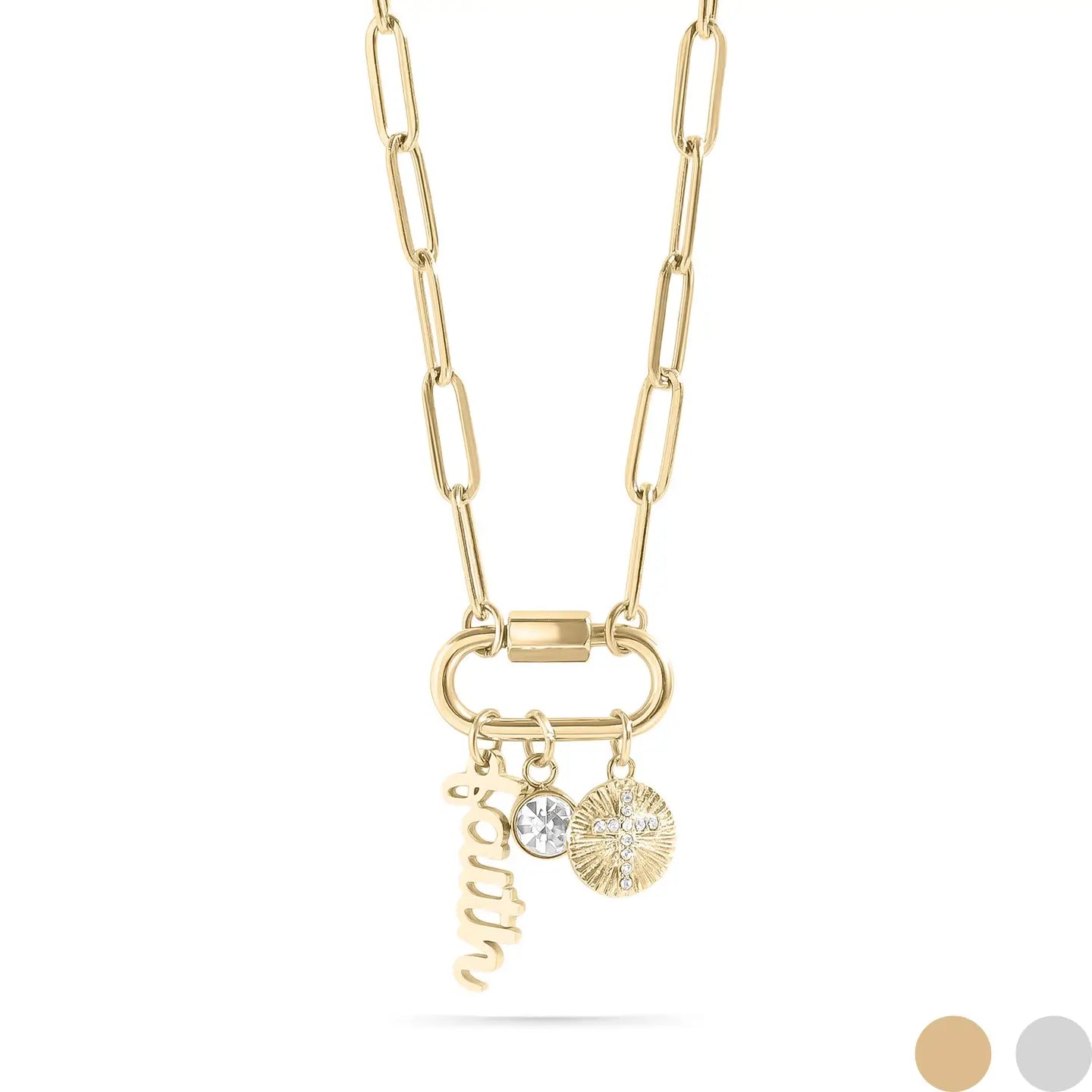 18K Pvd Gold Carabiner "Faith" Paperclip Charm Necklace