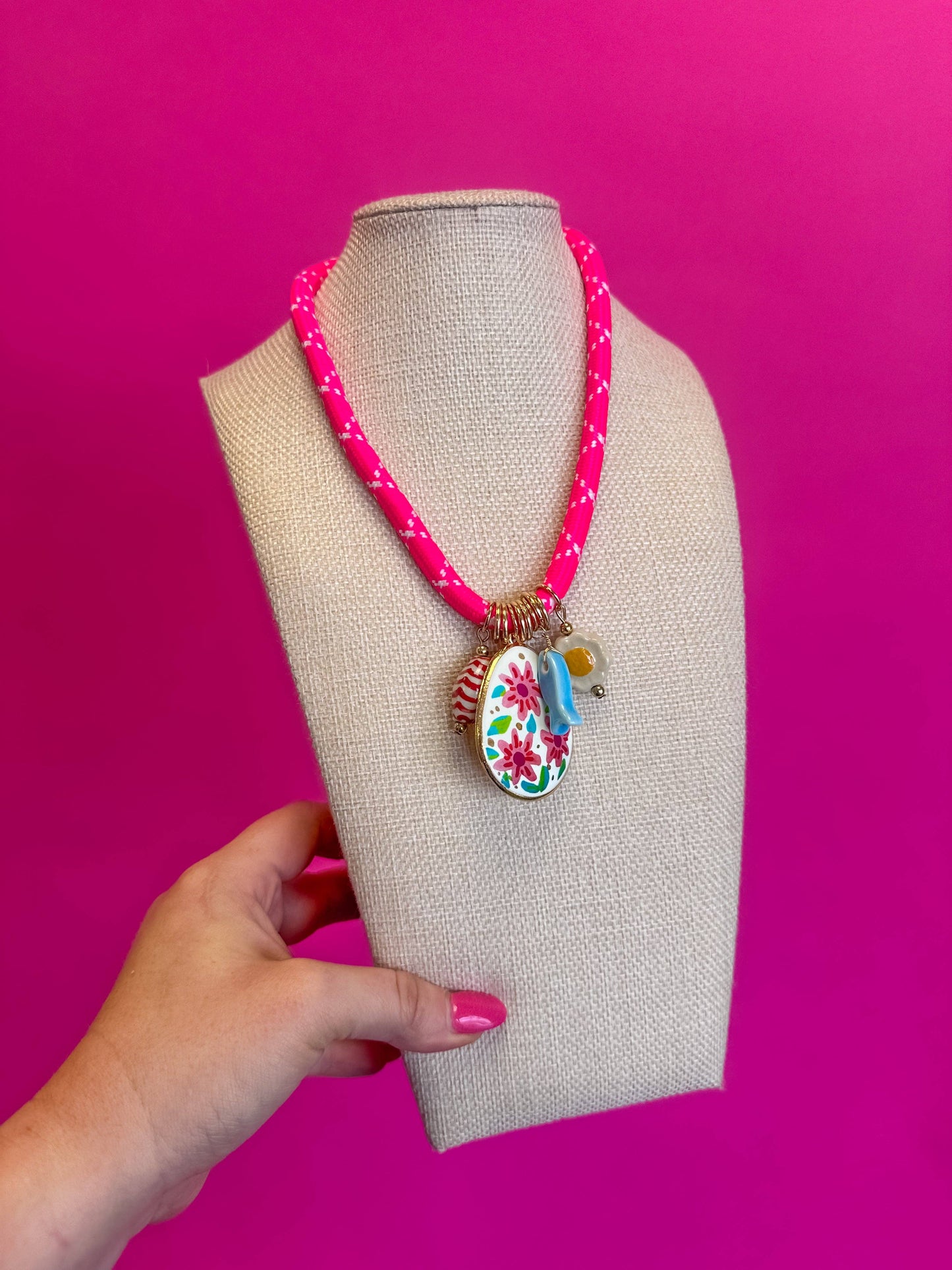 Braided Cord with Charm Necklace - Pink