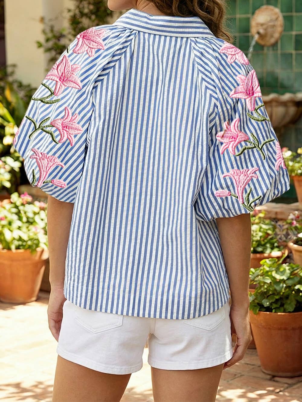 Floral Embroidered Puff Sleeve Stripe Button Down Shirt