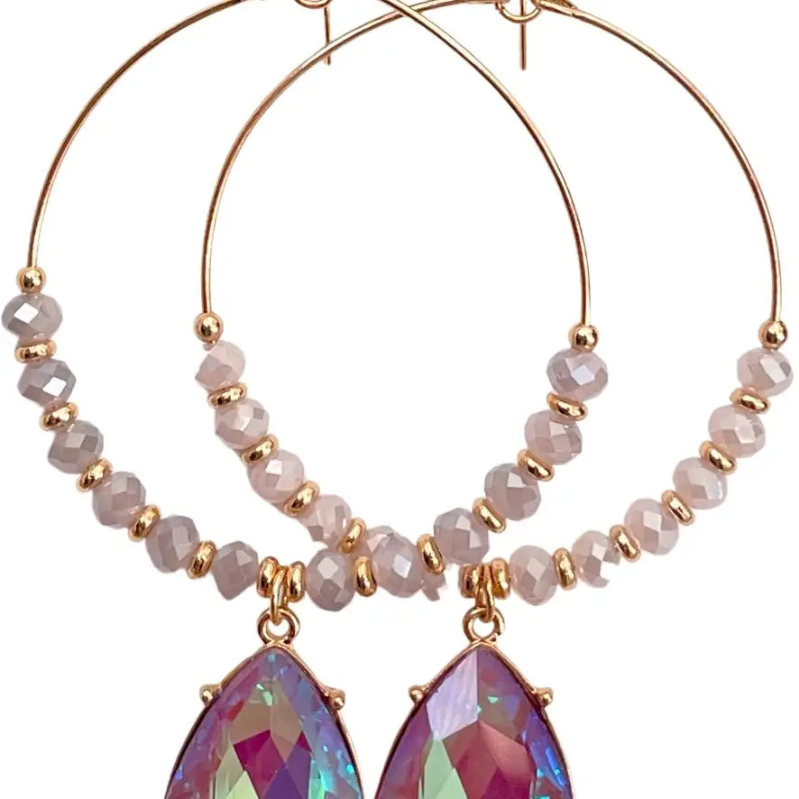 Pink Panache Lavender Bead Gold Hoop Pear Teardrop