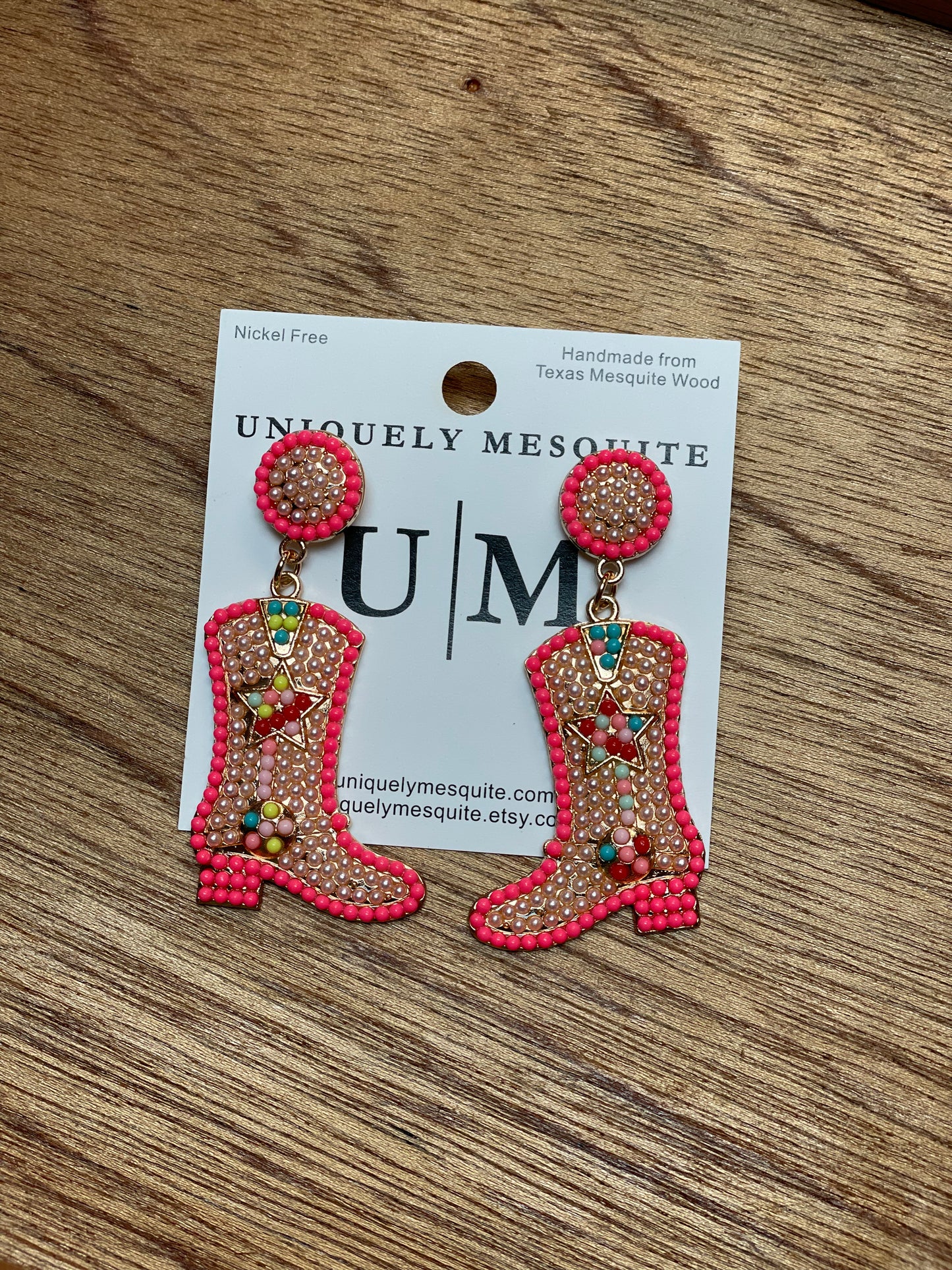 Uniquely Mesquite Pink Beaded Boots Earrings