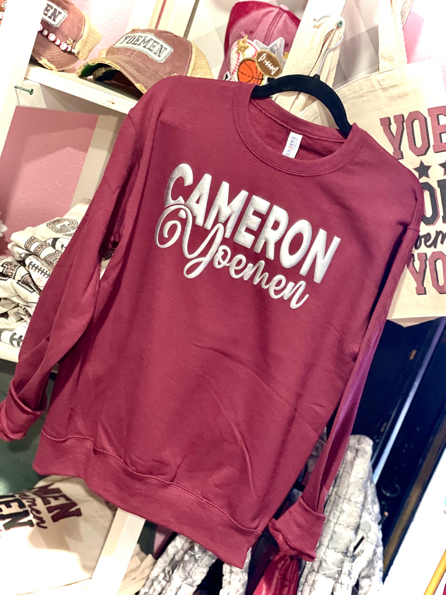 Cameron Yoemen Magic Puff Stacked Cursive Maroon Sweatshirt