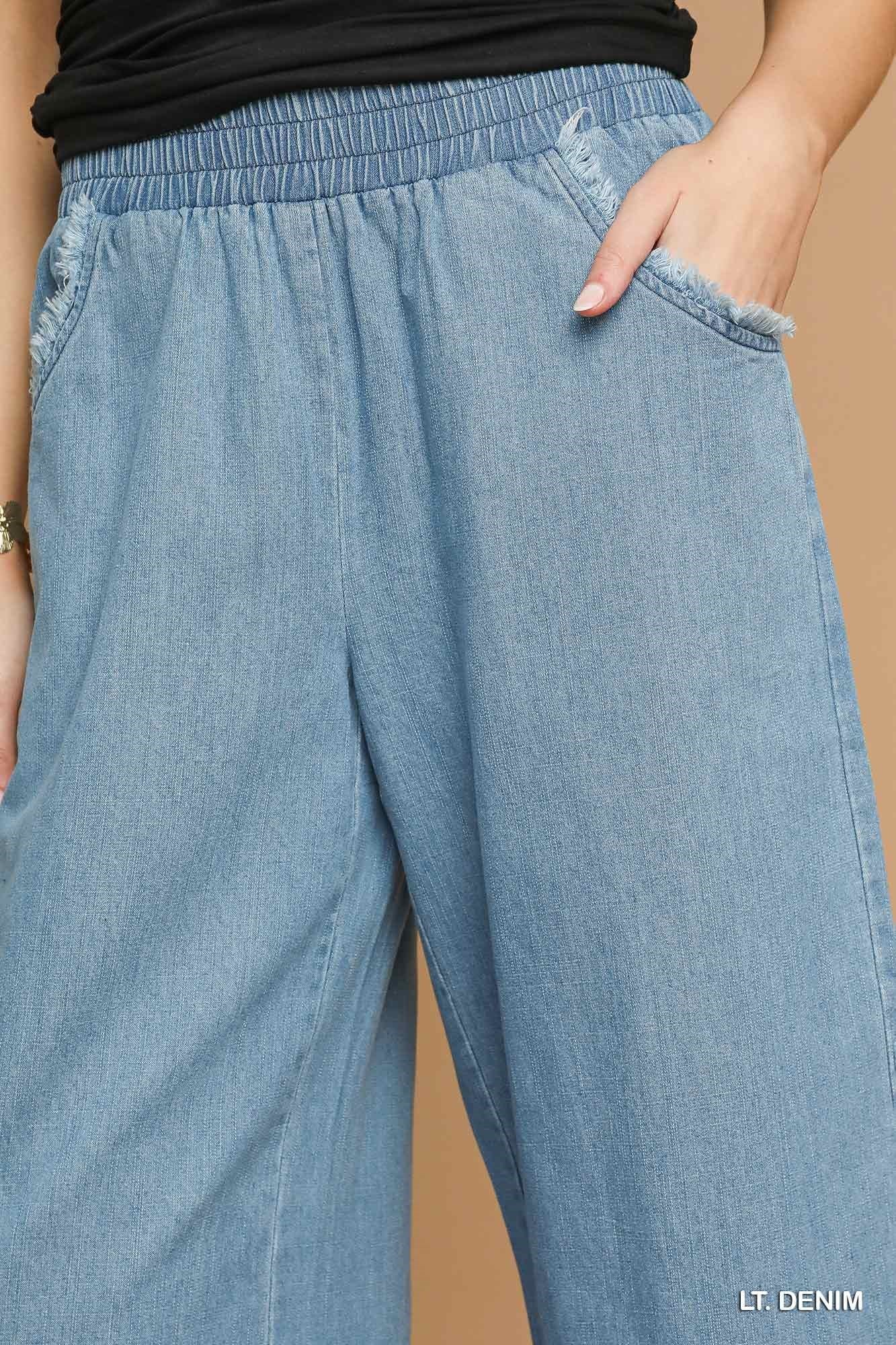 Umgee Washed Denim Pants with Fringe Hem