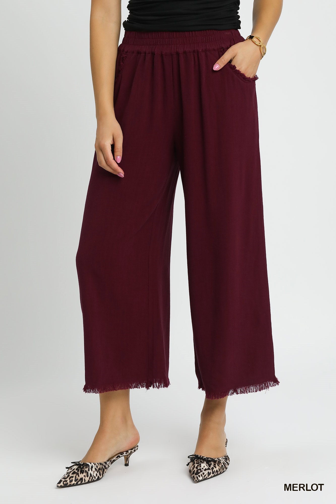 Umgee Merlot Frayed Hem Wide Leg Pants