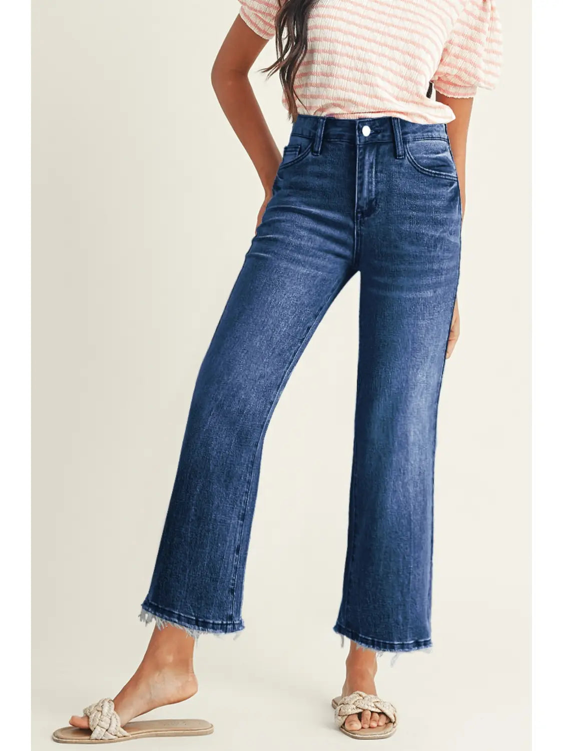 Mineral Wash Raw Hem Sail Blue Flared Jeans