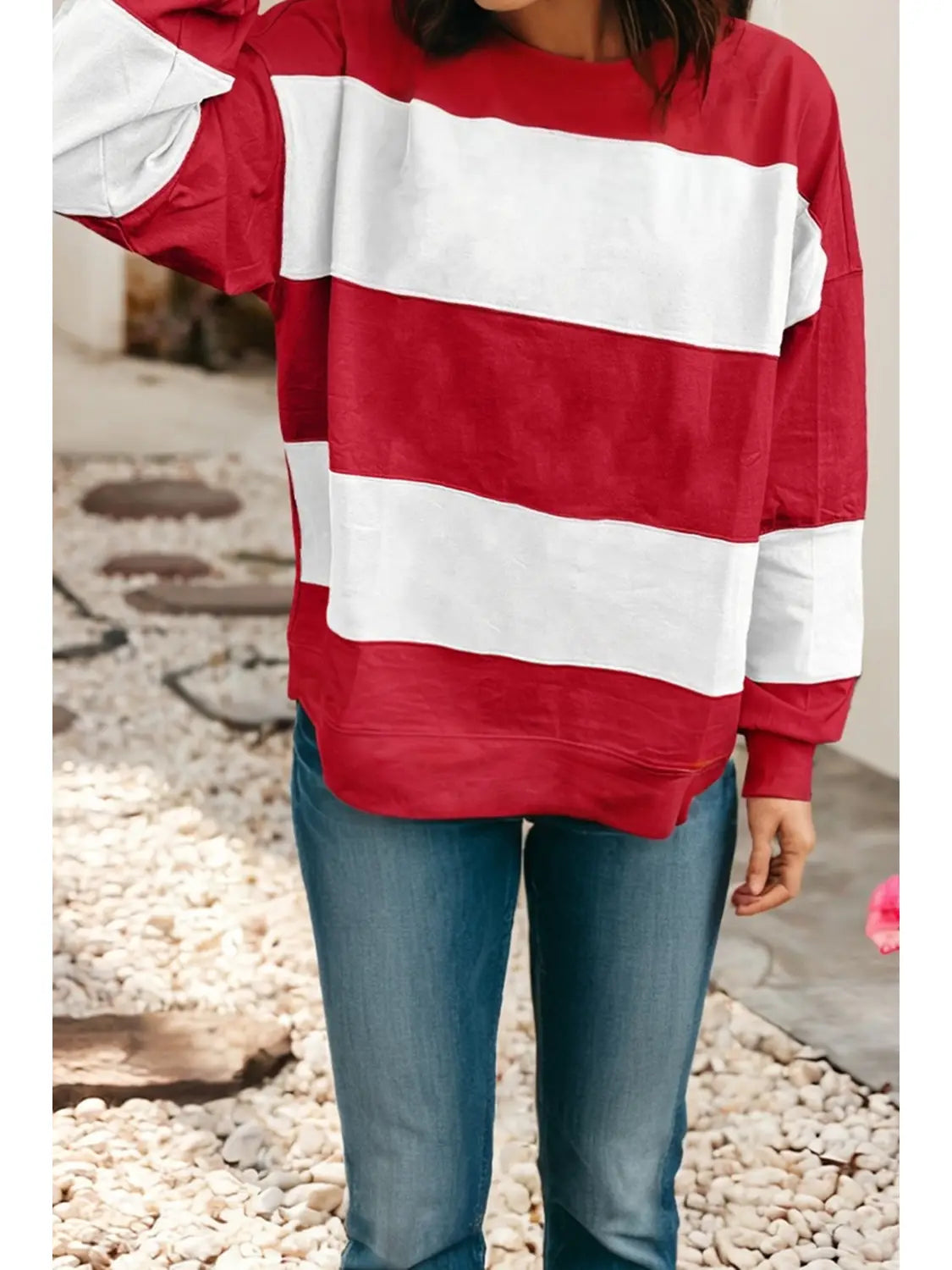 Striped Red Colorblock Drop Shoulder Baggy Sweatshirt