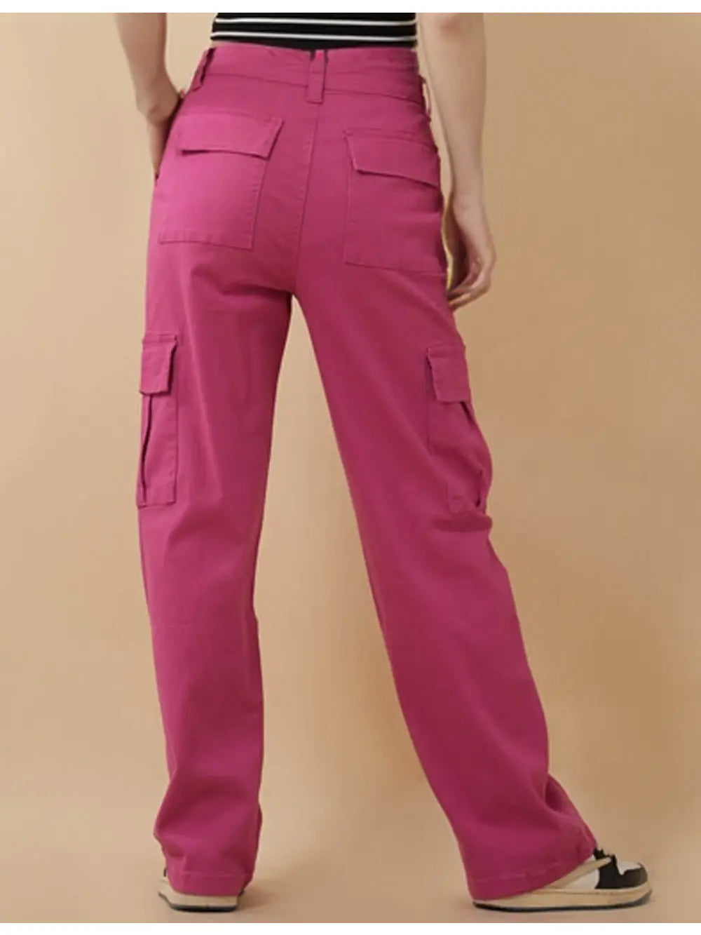 Cargo Jean Button Pocket Straight Leg Pink Denim Pant