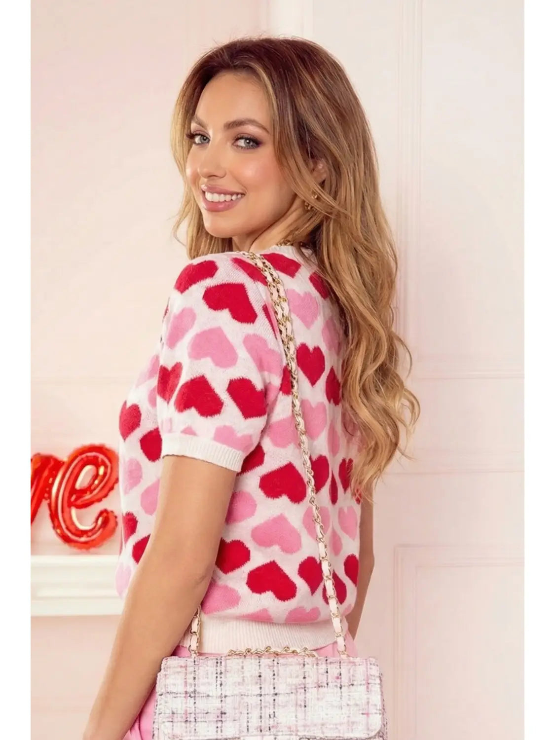 Two Toned Heart Print Short Sleeve Sweater