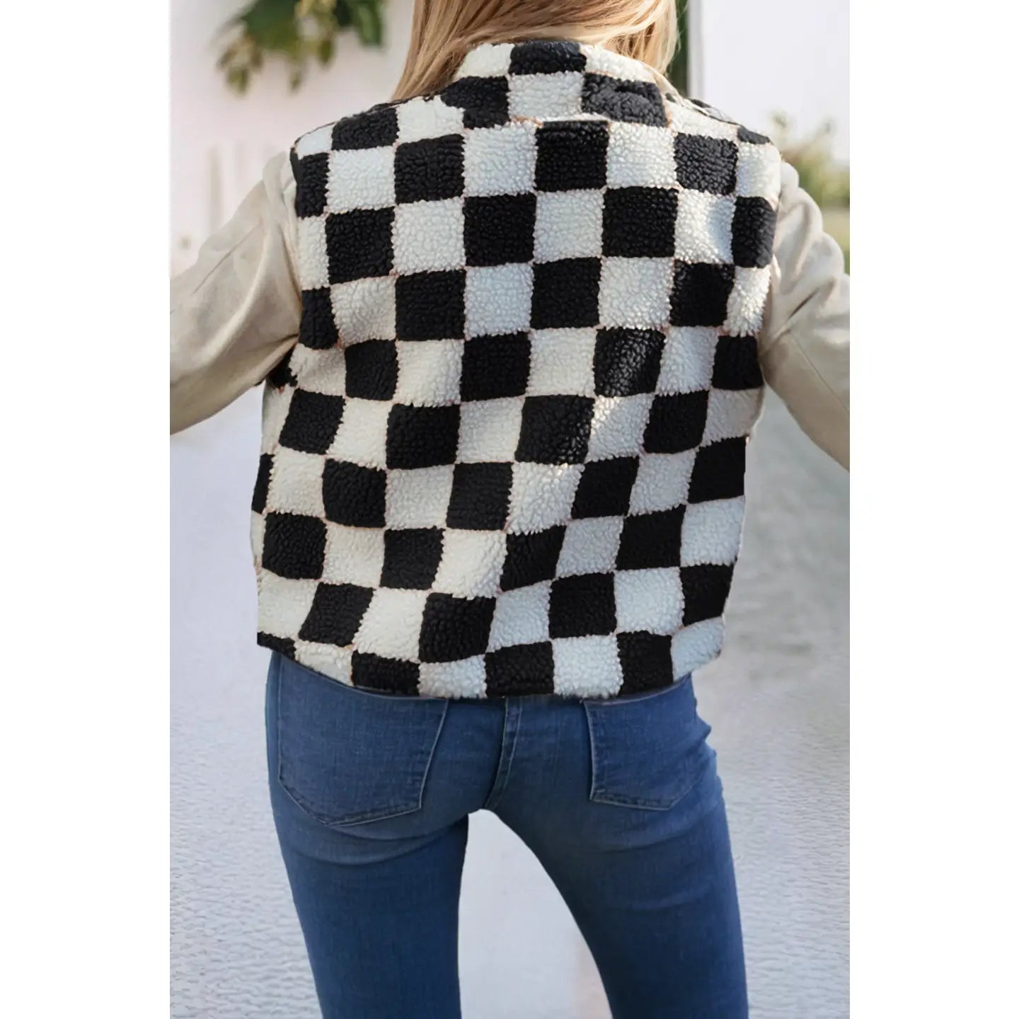 Black Checkered Snap Button Sherpa Vest