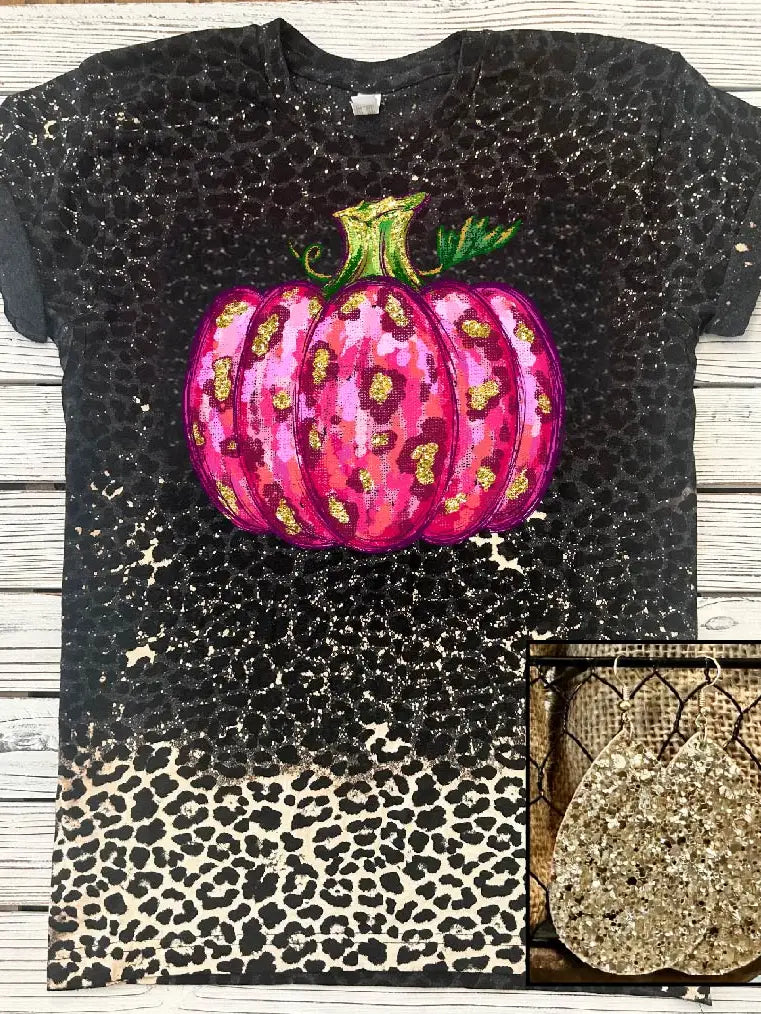 Bleached Pink Leopard Pumpkin Fall Tee