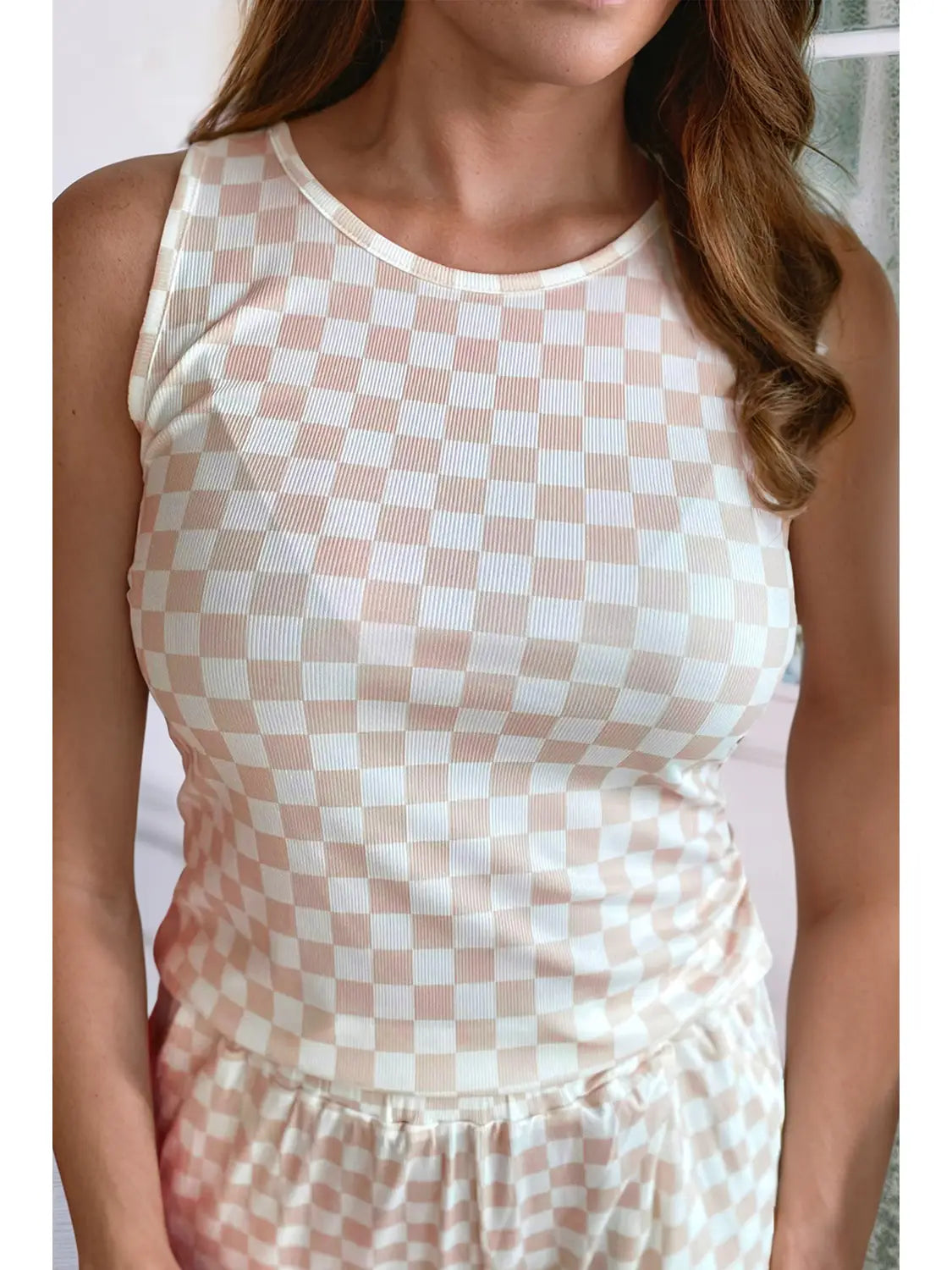 Ribbed Textured Checkered 2 Piece Tank & Pants Set