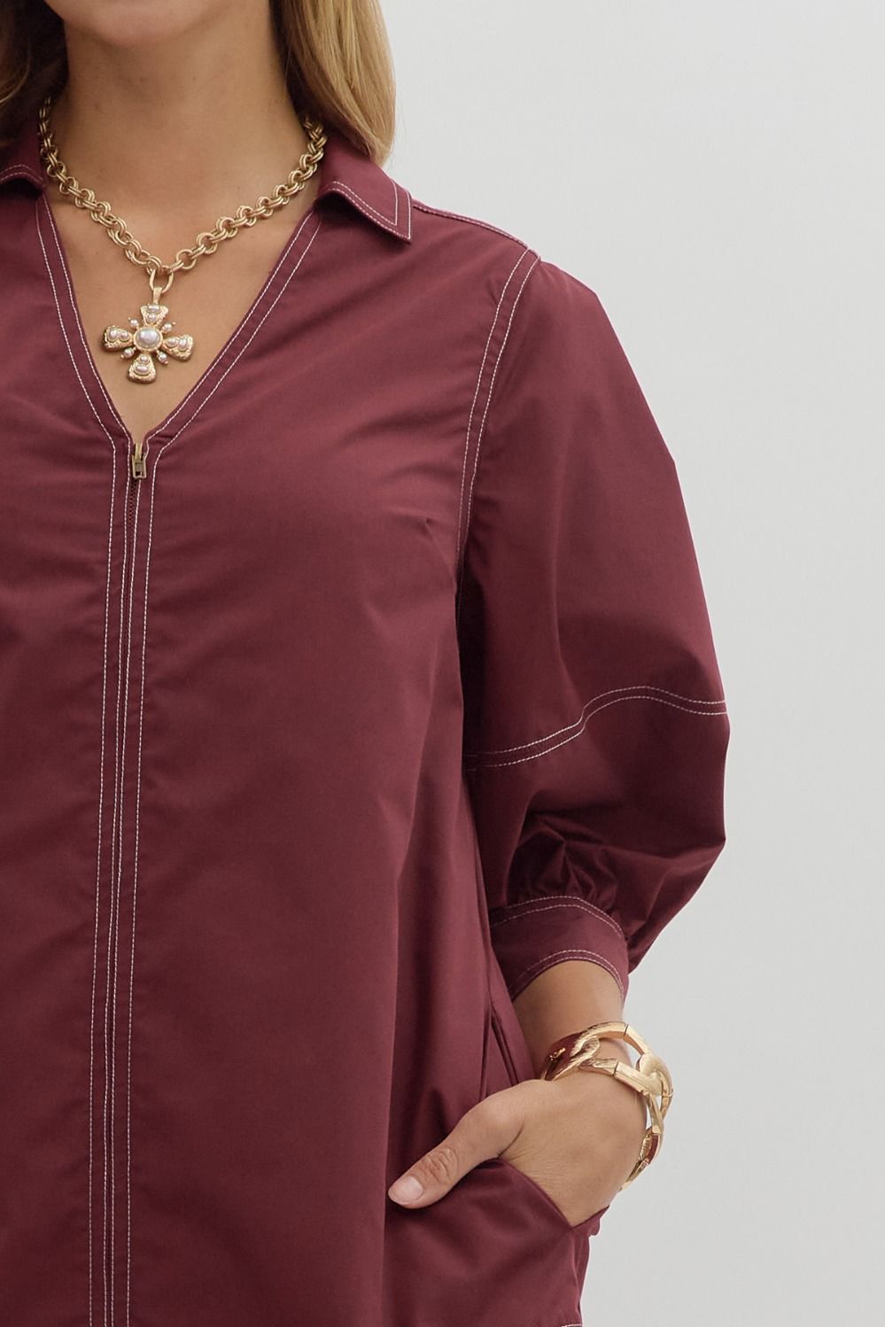 Solid Burgundy Lantern Sleeve Mini Dress