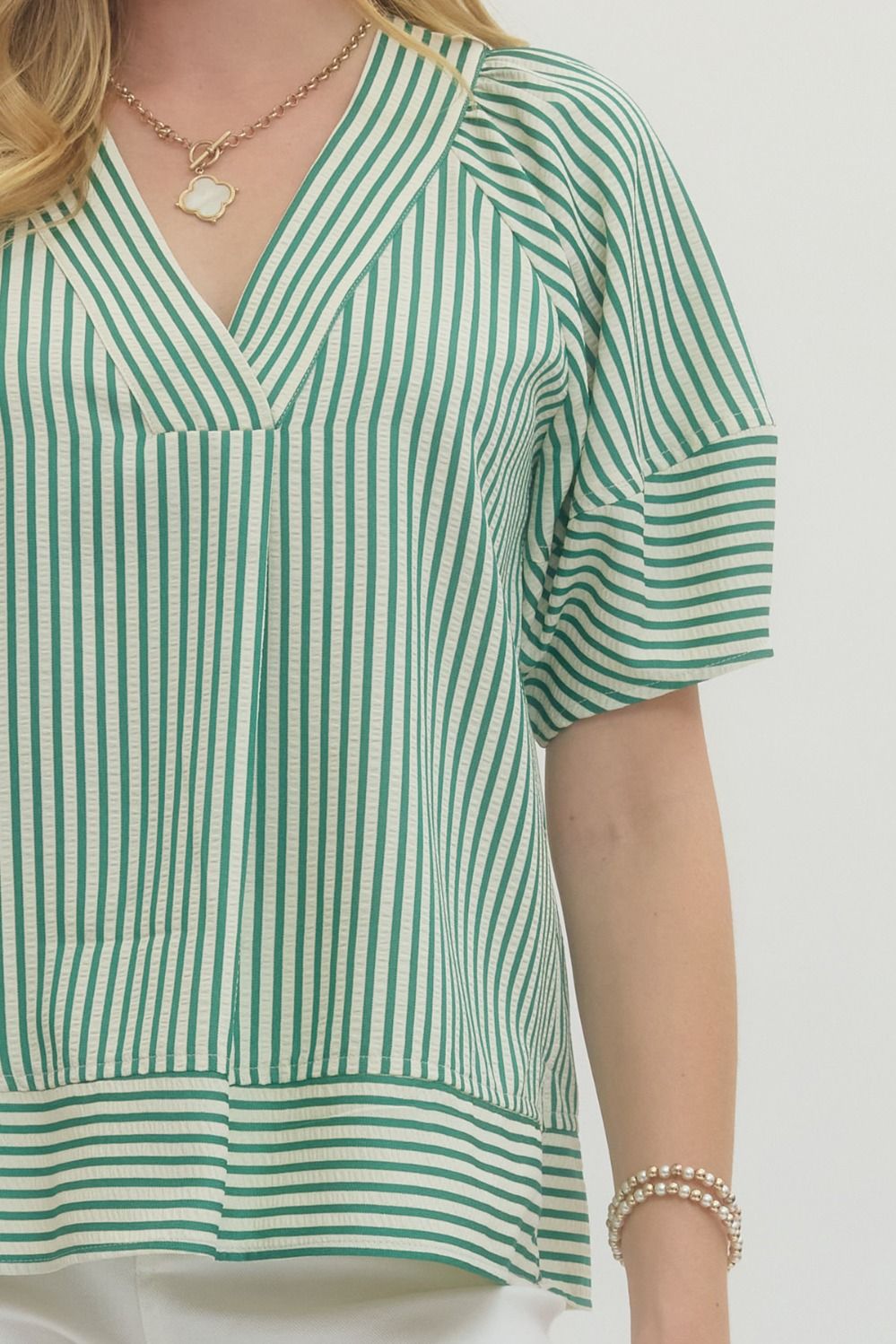 Green Striped Short Sleeve V Neckline Top