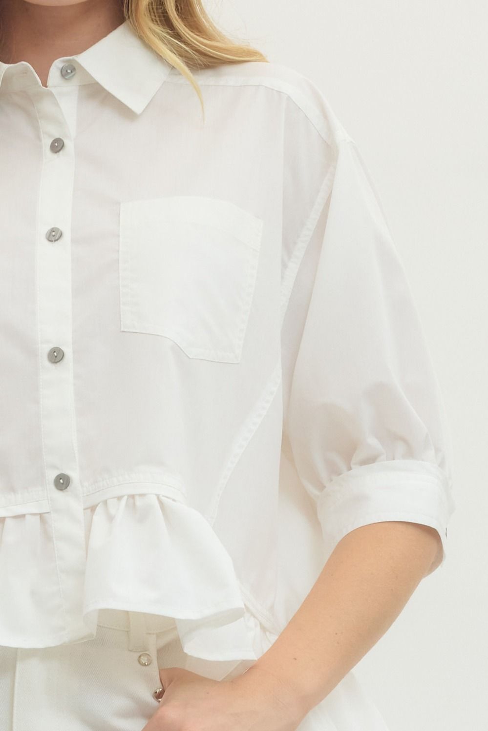 Solid Short Sleeve Ruffle Hem Button Down Top