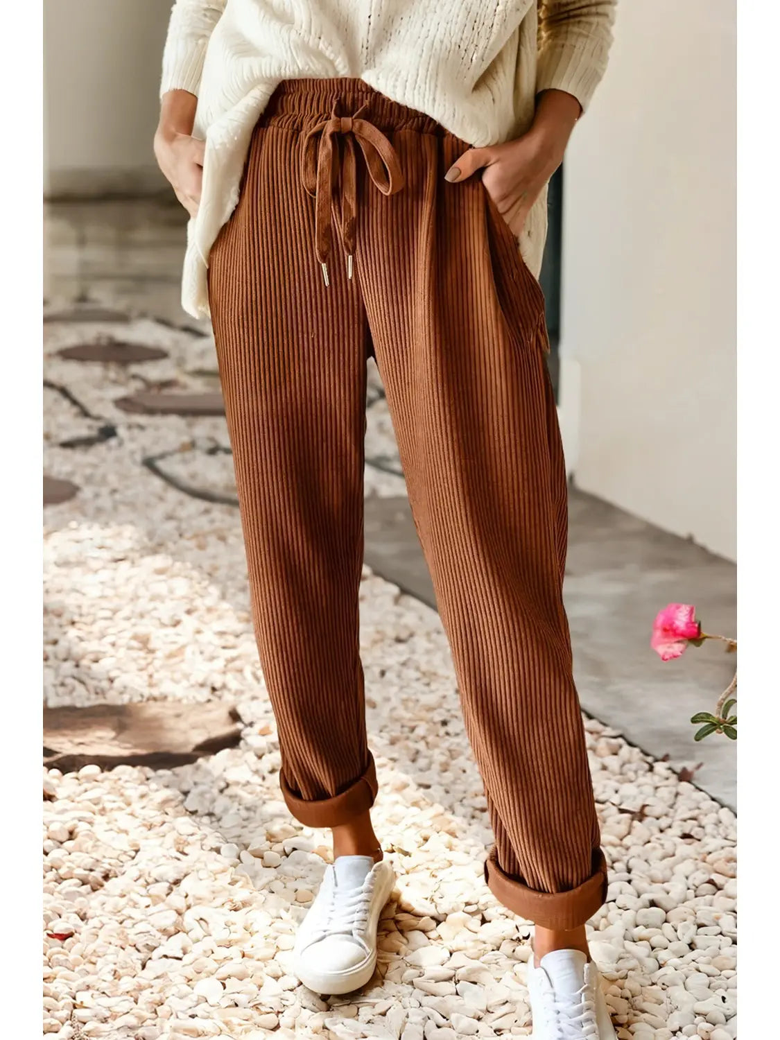 Drawstring Elastic Waist Casual Corduroy Pants