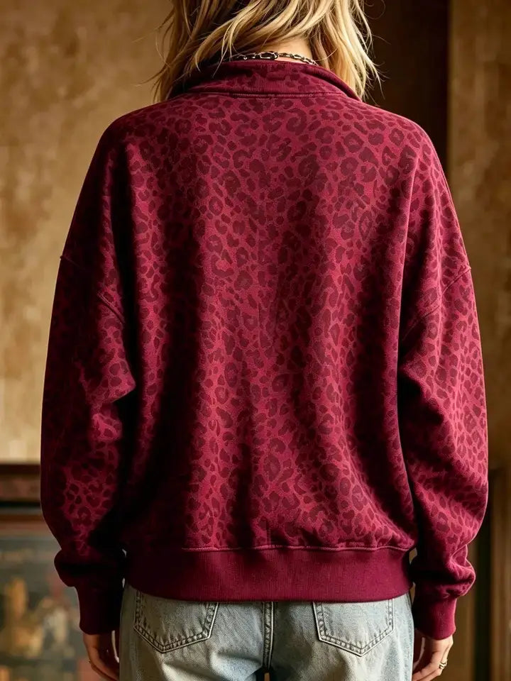 Burgundy Leopard Print Half Zip Oversized Pullover Sweatshirt