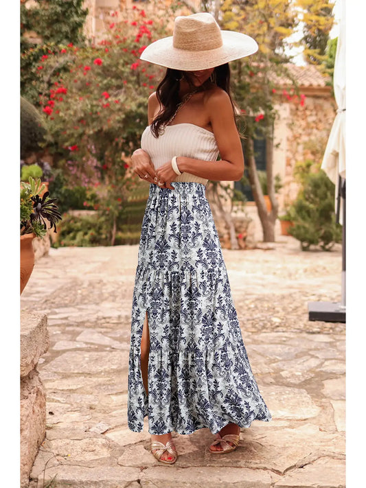 Blue Bohemian Floral Print Maxi Skirt